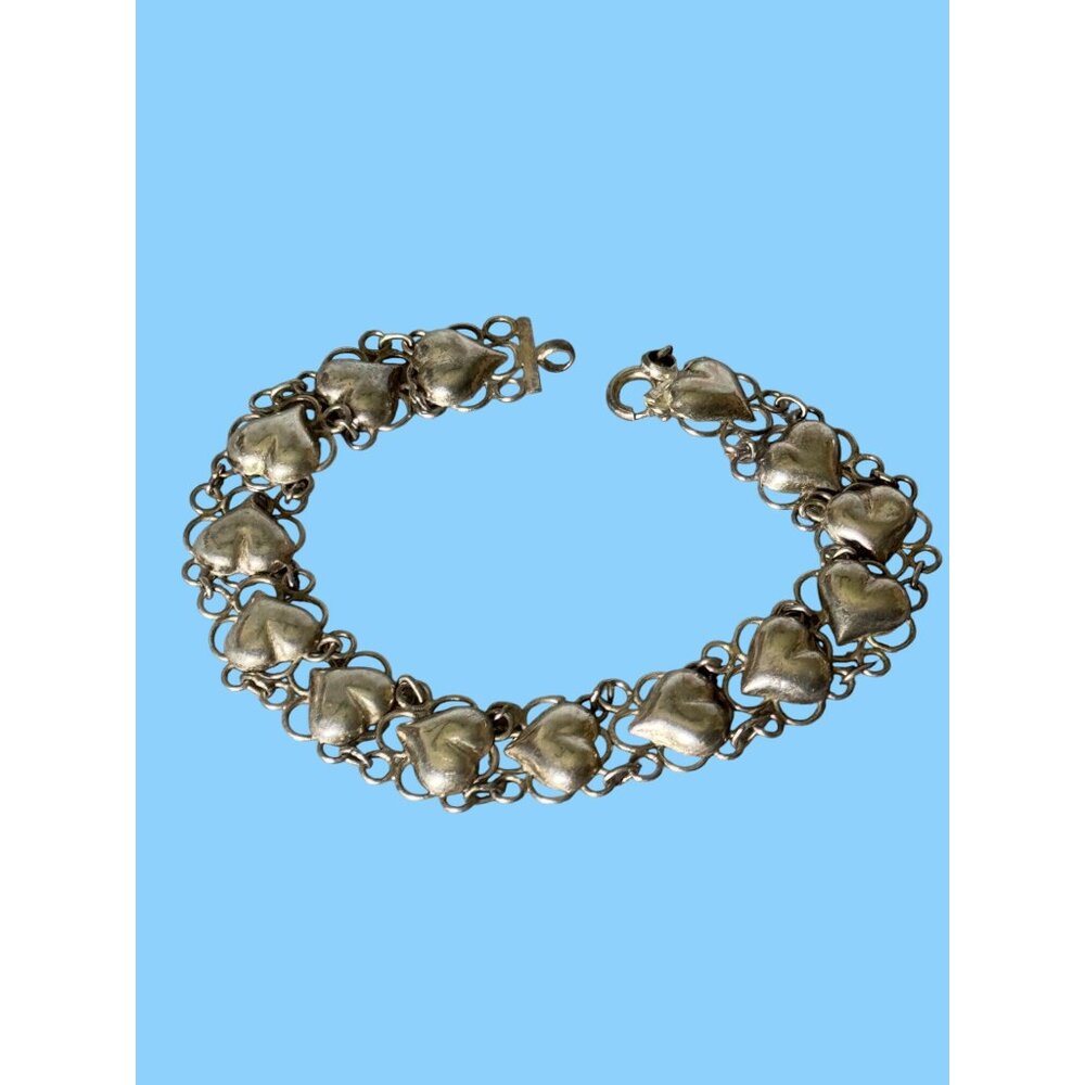 Vintage Sterling Silver Heart Link Bracelet 7.5" 925 Marked On Clasp Elegant Gif - Picture 3 of 5